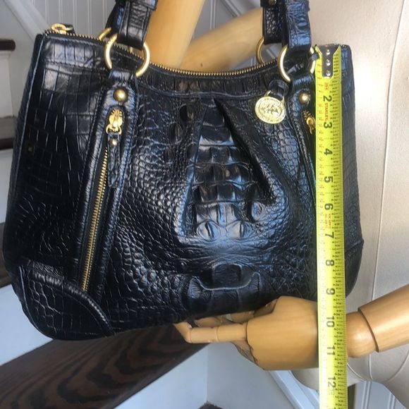 BRAHMIN Black Selma Croc Embossed Leather Pleated Shoulder Tote Bag Top Zipper - Picture 13 of 17